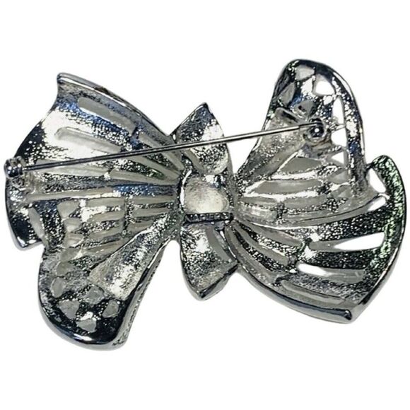 Vintage Napier Silver Tone Rhinestone Sparkle Brooch Bow Christmas Ribbon Pin - Picture 5 of 9